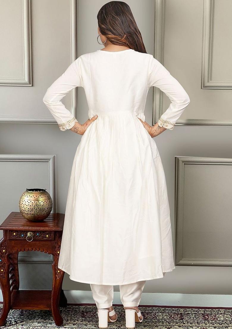 White Solid Silk Kurta Set - Indya