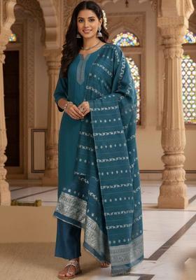 Teal Embroidered Cotton Kurta Set