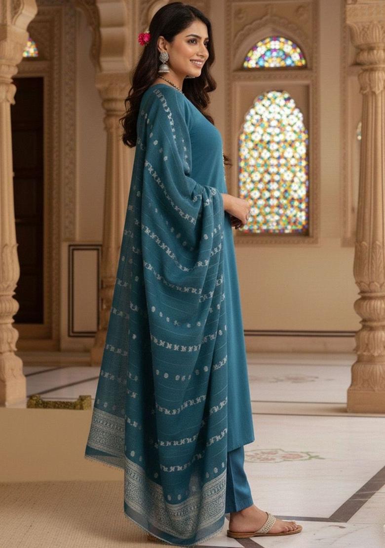 Teal Embroidered Cotton Kurta Set - Indya