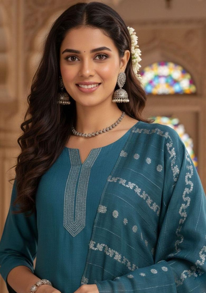 Teal Embroidered Cotton Kurta Set - Indya