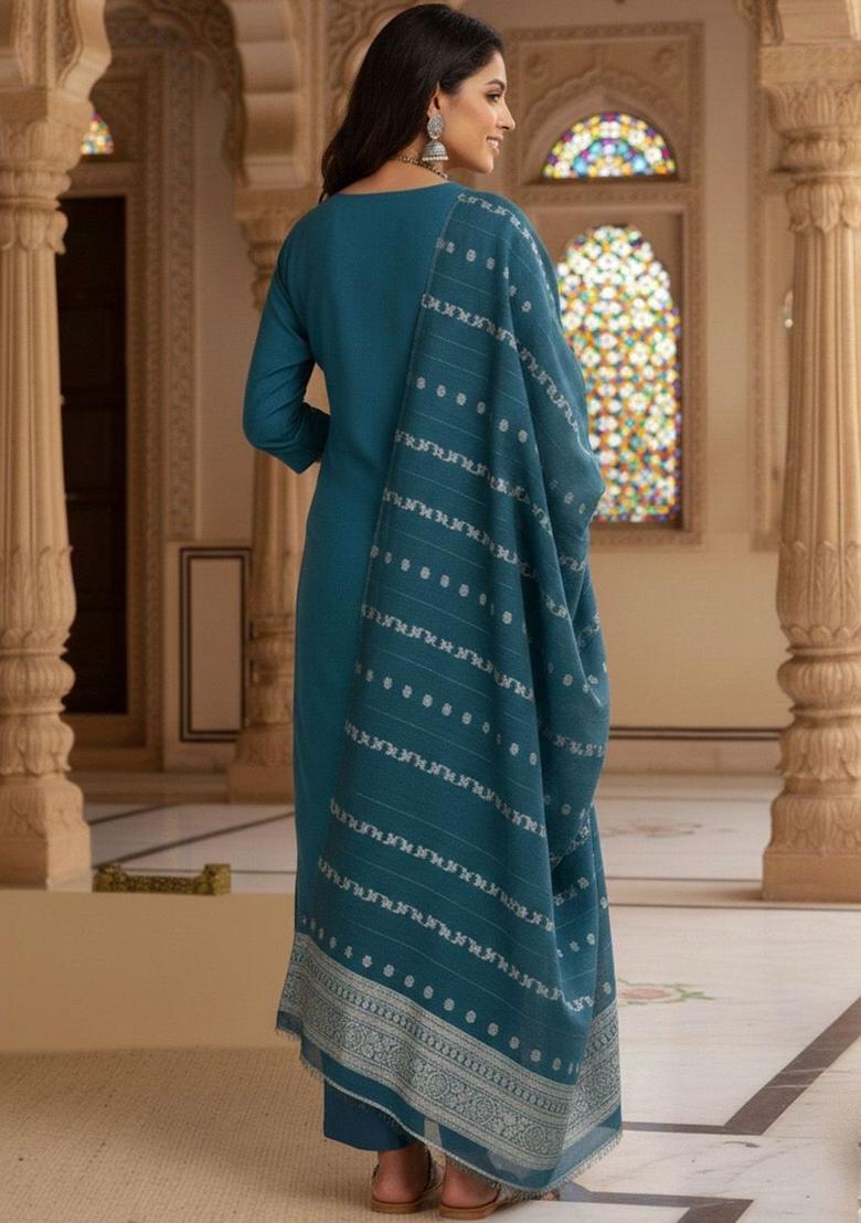 Teal Embroidered Cotton Kurta Set - Indya