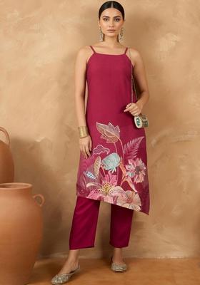 Maroon Printed Silk Kurta Set
