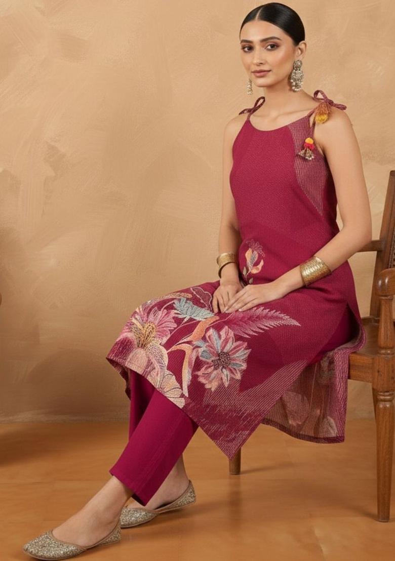 Maroon Printed Silk Kurta Set - Indya
