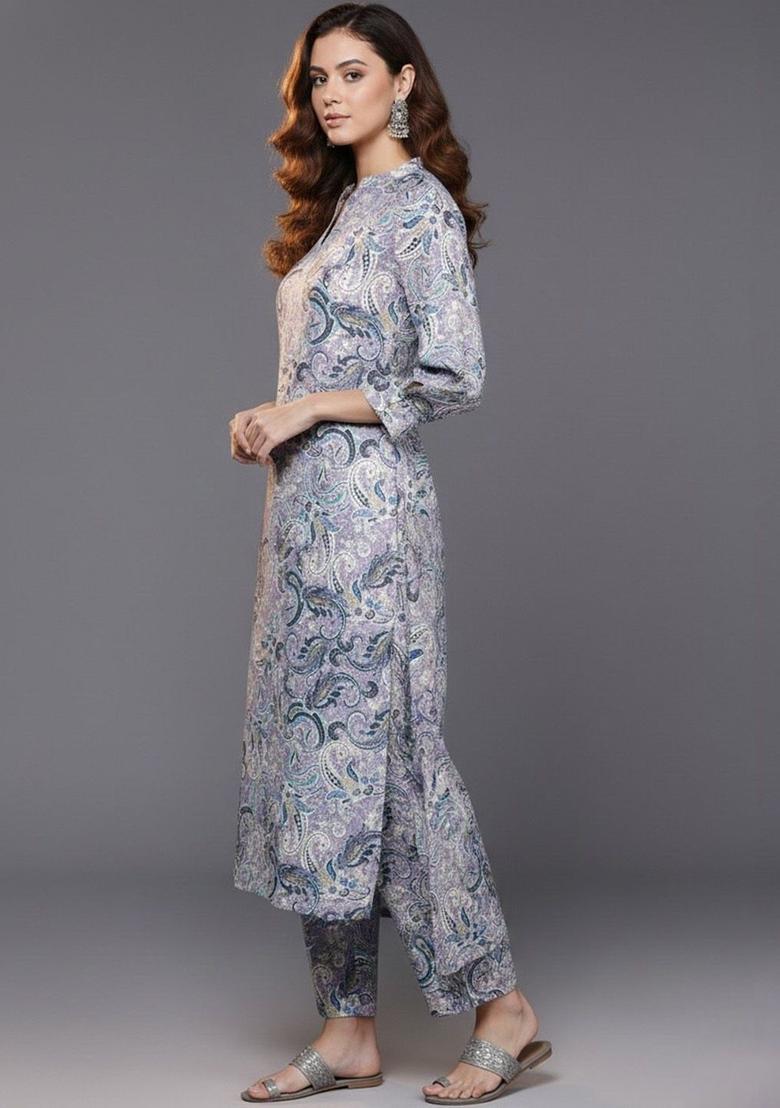 Purple Printed Cotton Kurta Set - Indya