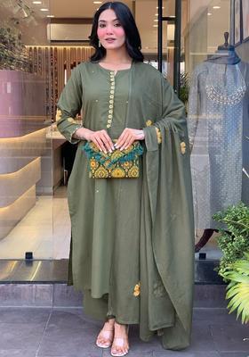 Olive Embroidered Silk Kurta Set