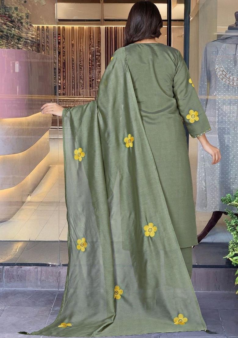 Olive Embroidered Silk Kurta Set - Indya