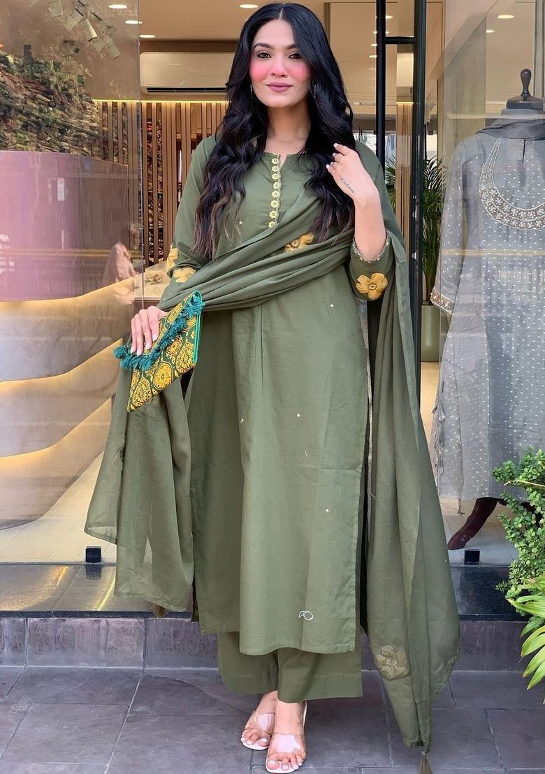 Olive Embroidered Silk Kurta Set - Indya