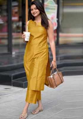 Mustard Solid Viscose Kurta Set