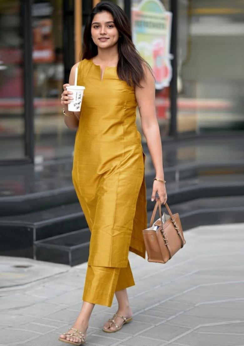 Mustard Solid Viscose Kurta Set - Indya