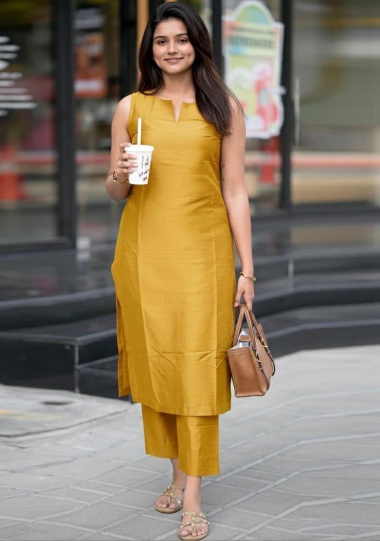 Mustard Solid Viscose Kurta Set - Indya