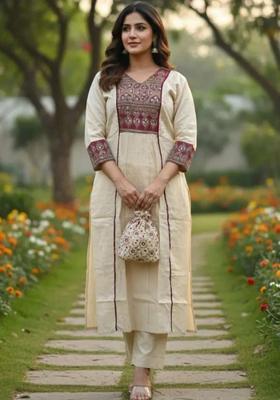 Off White Embroidered Viscose Kurta Set