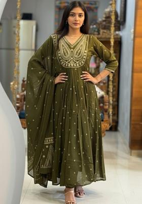Olive Embroidered Viscose Kurta Set