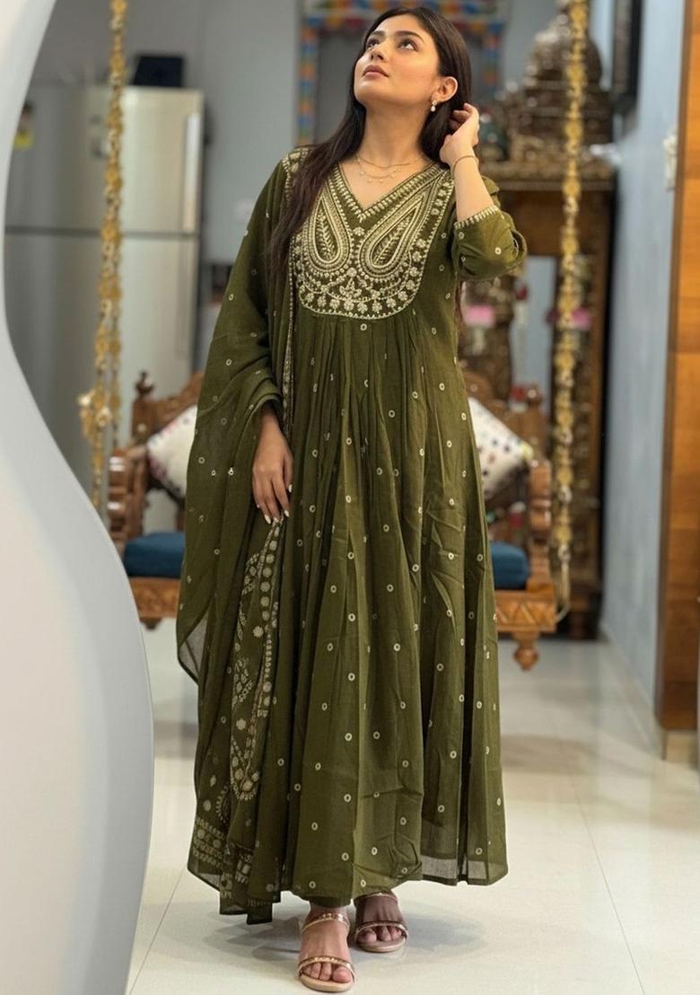Olive Embroidered Viscose Kurta Set - Indya