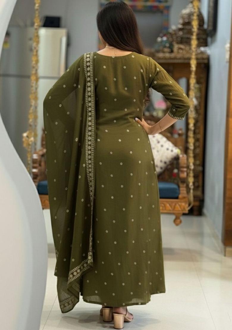 Olive Embroidered Viscose Kurta Set - Indya