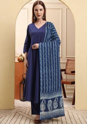 Navy Blue Solid Cotton Kurta Set