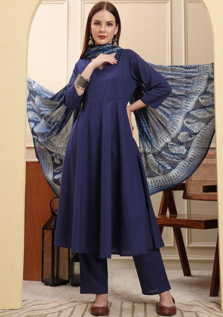 Navy Blue Solid Cotton Kurta Set - Indya