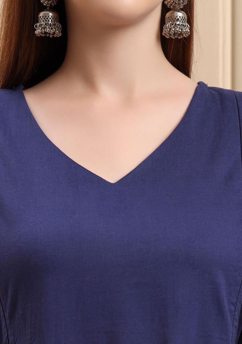 Navy Blue Solid Cotton Kurta Set - Indya