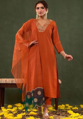 Rust Embroidered Silk Kurta Set