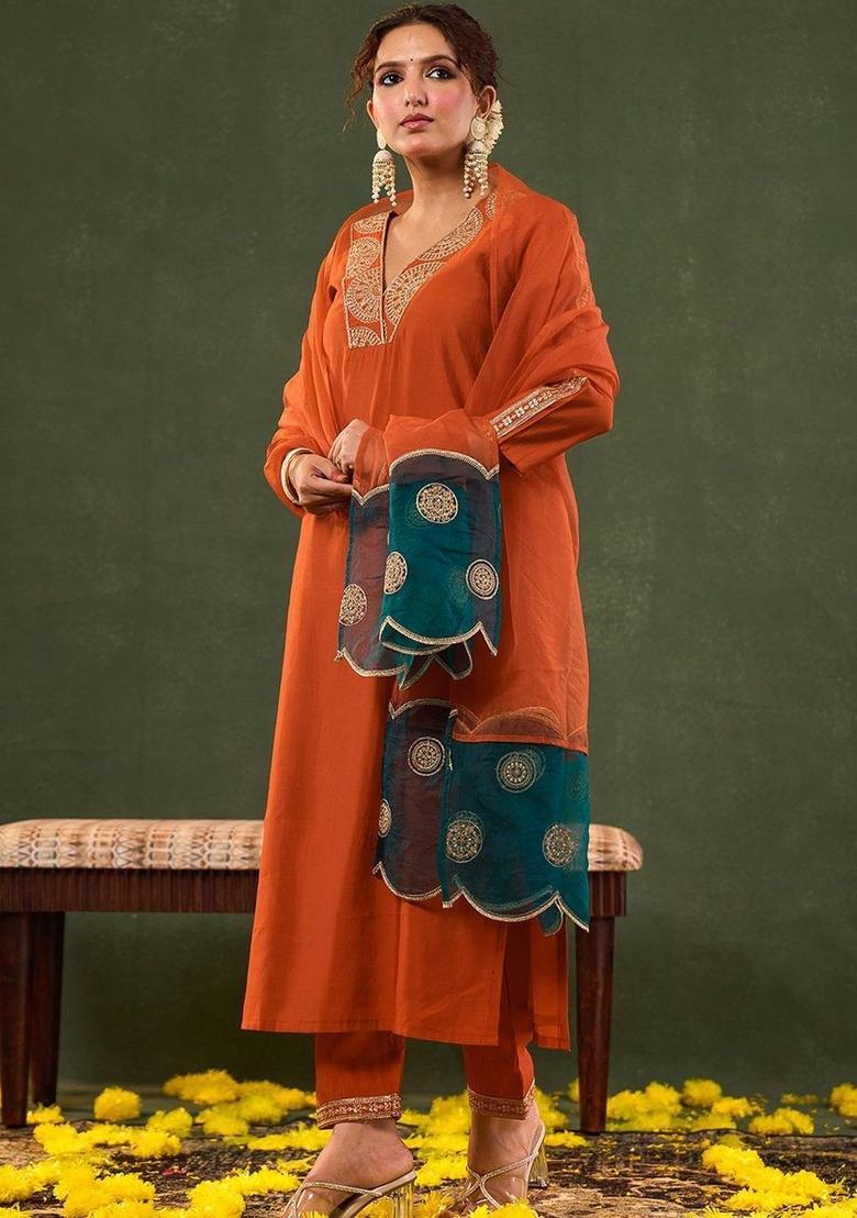 Rust Embroidered Silk Kurta Set - Indya