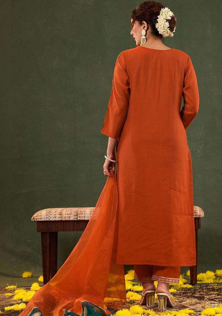 Rust Embroidered Silk Blend Kurta Set - Indya