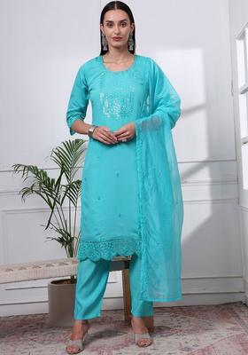 Turquoise Blue Embroidered Silk Blend Kurta Set