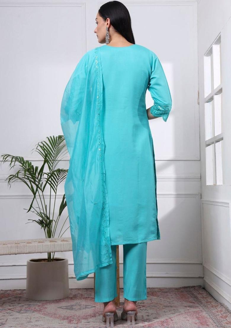 Turquoise Blue Embroidered Silk Kurta Set - Indya