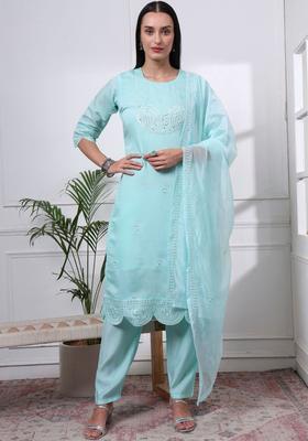Turquoise Blue Embroidered Silk Blend Kurta Set