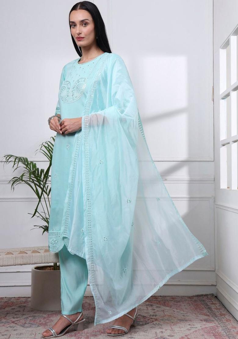 Turquoise Blue Embroidered Silk Kurta Set - Indya