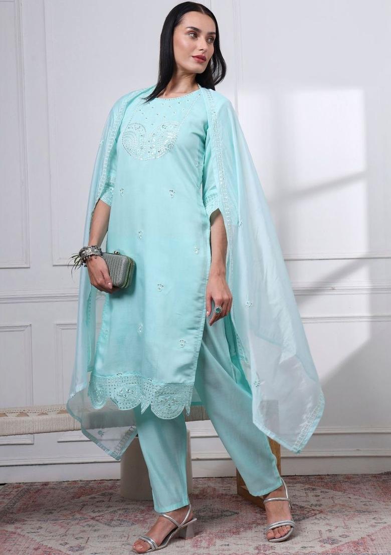 Turquoise Blue Embroidered Silk Kurta Set - Indya