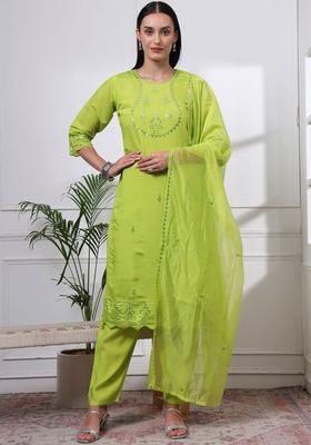 Lime Green Embroidered Silk Kurta Set