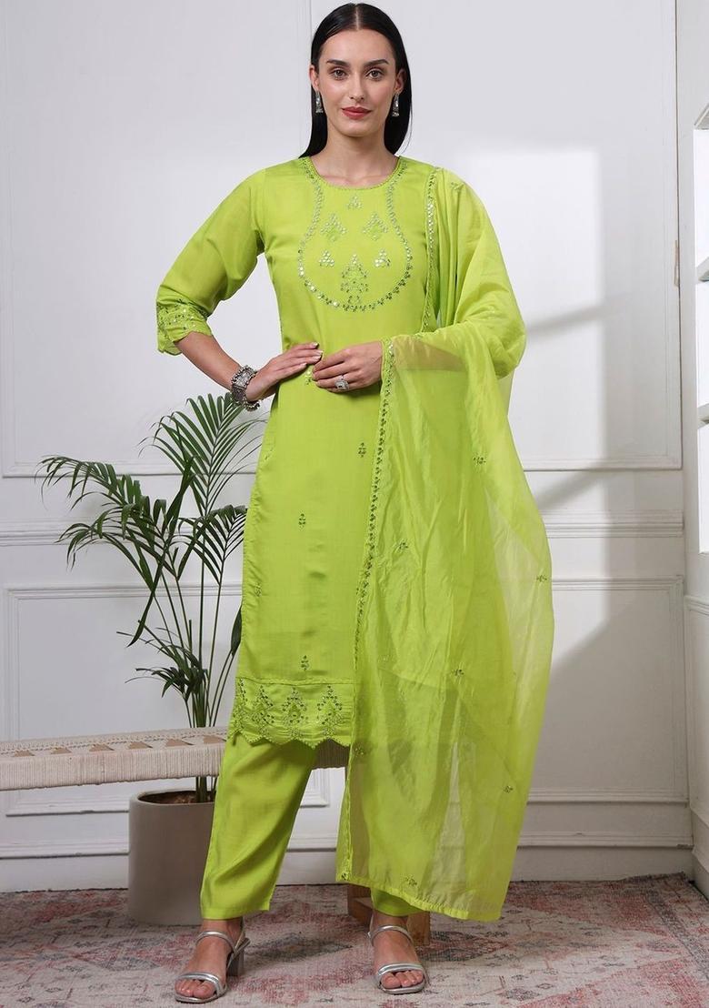 Lime Green Embroidered Silk Kurta Set - Indya