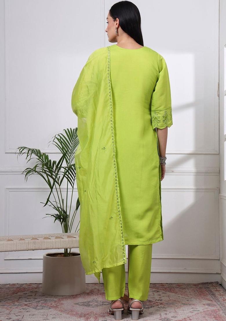 Lime Green Embroidered Silk Kurta Set - Indya