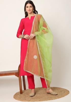 Red Solid Silk Blend Kurta Set