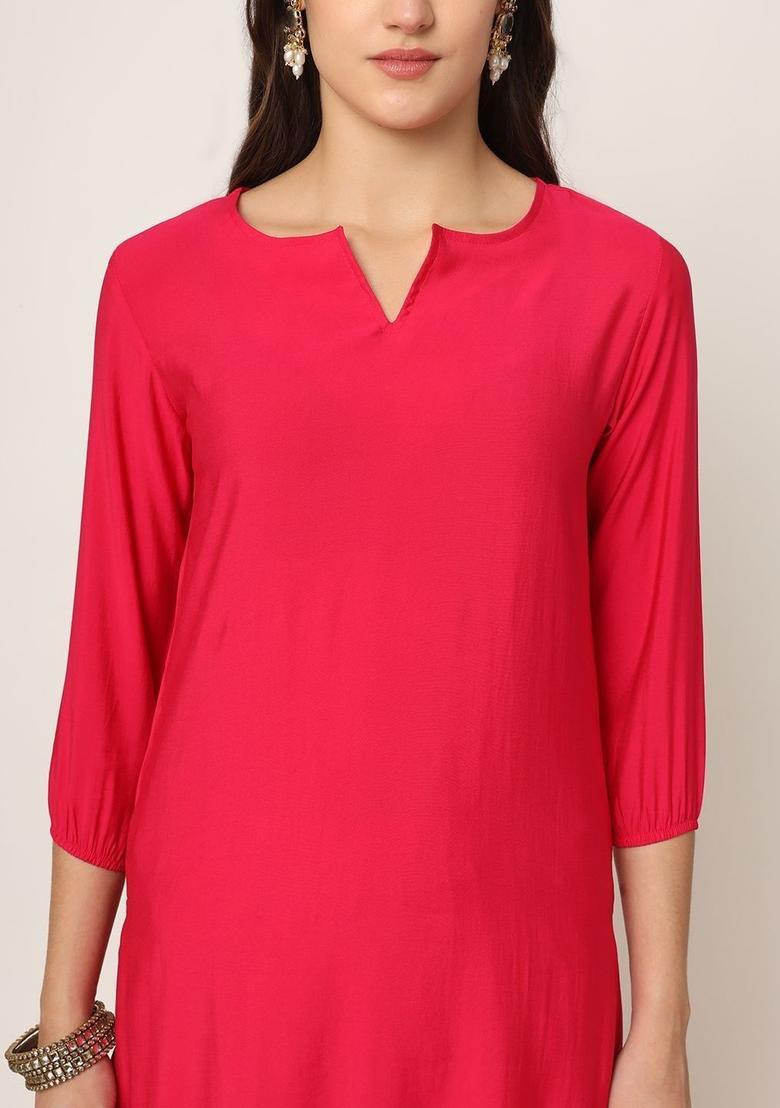Red Solid Silk Kurta Set - Indya