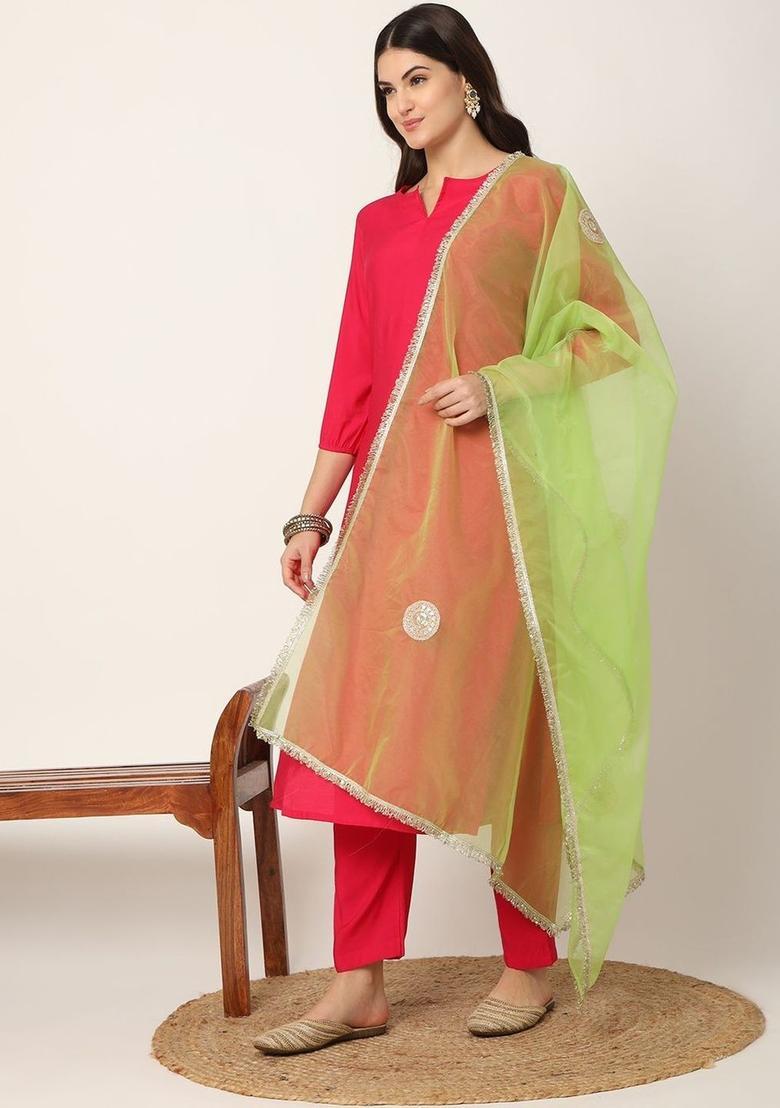 Red Solid Silk Kurta Set - Indya