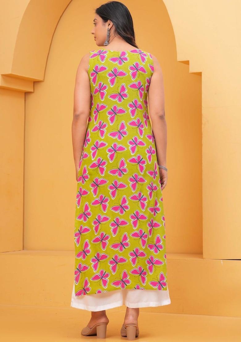 Lime Green Printed Viscose Kurta Set - Indya