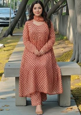 Peach Printed Viscose Kurta Set