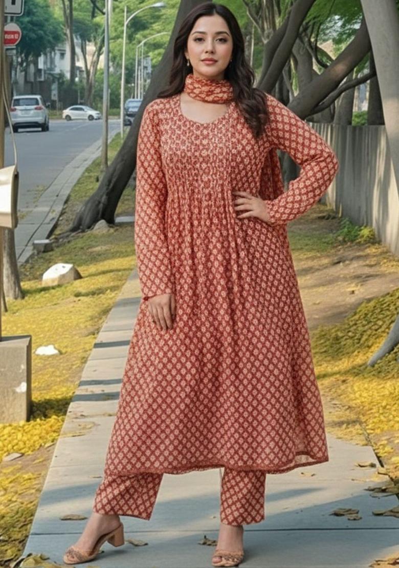 Peach Printed Viscose Kurta Set - Indya