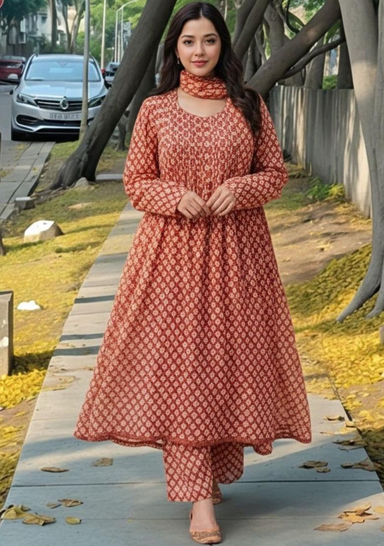 Peach Printed Viscose Kurta Set - Indya