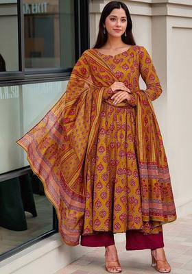 Mustard Printed Viscose Kurta Set