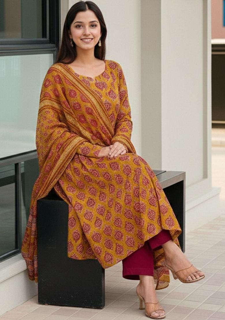Mustard Printed Viscose Kurta Set - Indya