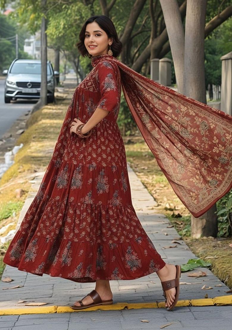 Maroon Printed Viscose Kurta Set - Indya