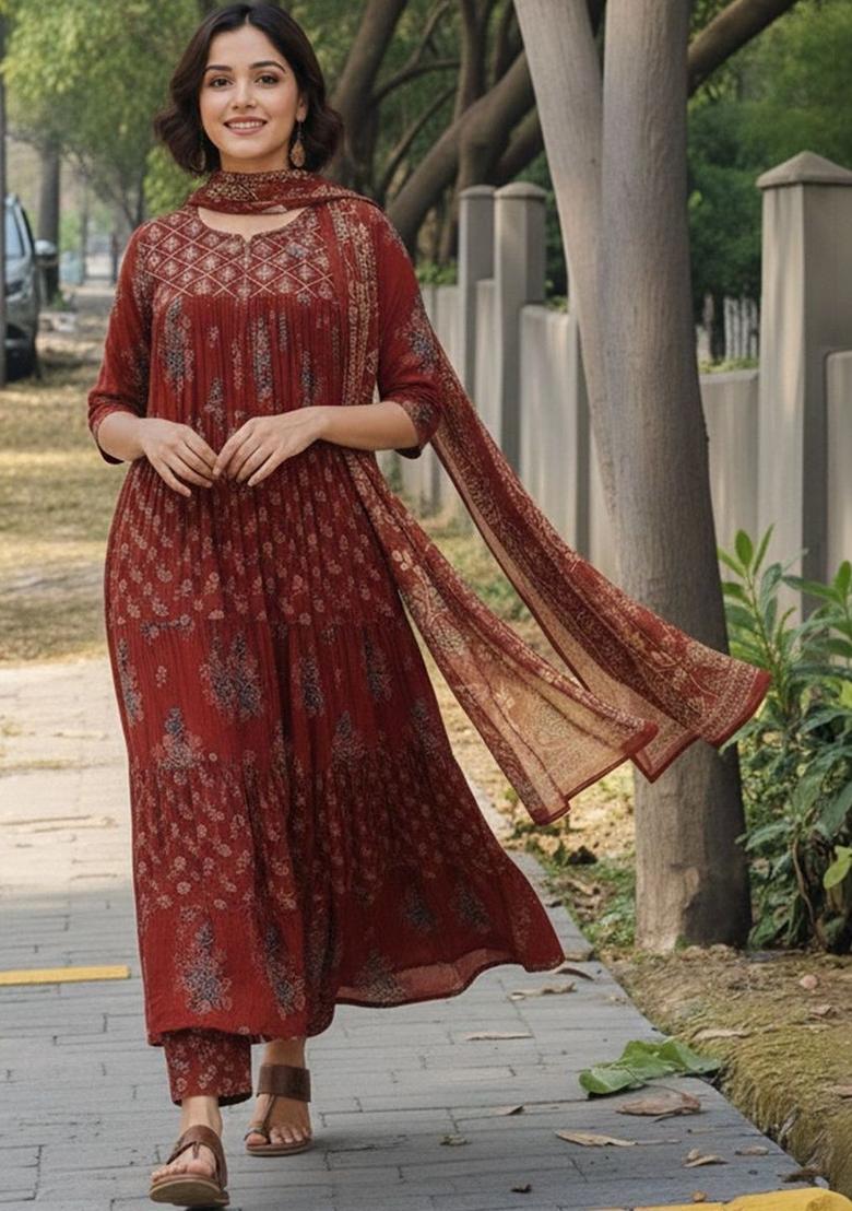 Maroon Printed Viscose Kurta Set - Indya