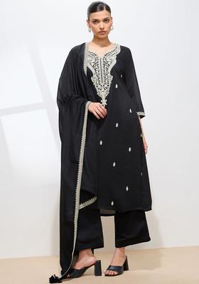 Black Embroidered Silk Kurta Set