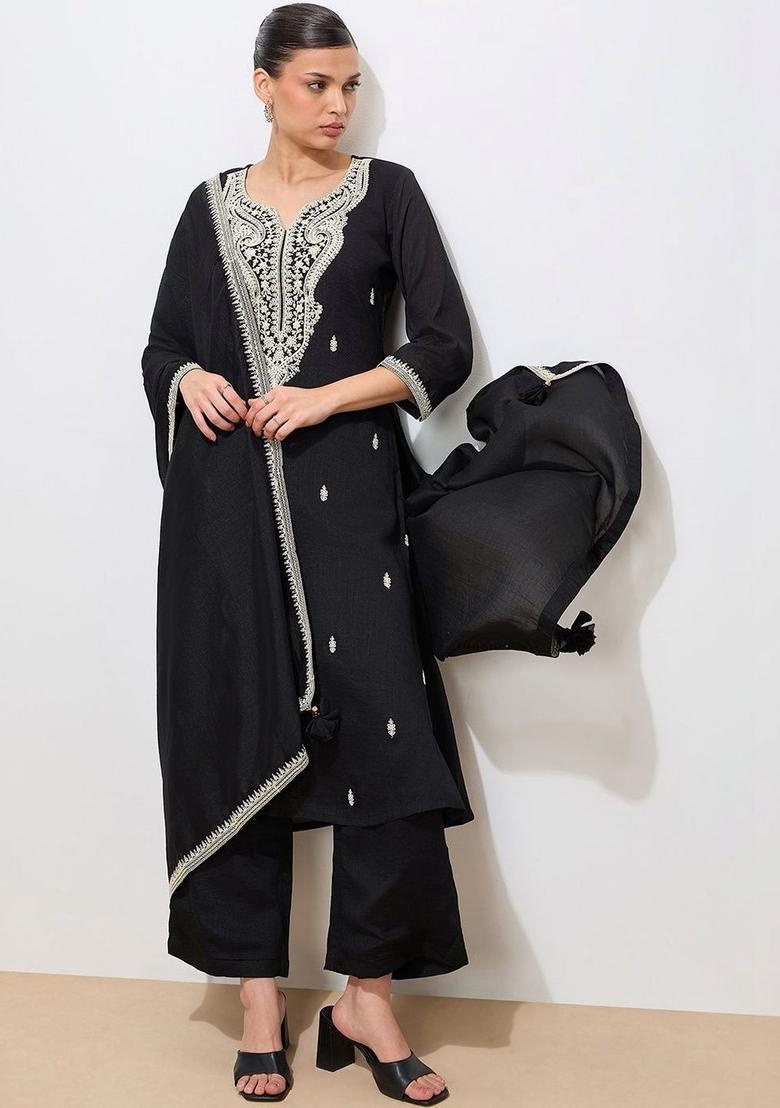 Black Embroidered Silk Kurta Set - Indya