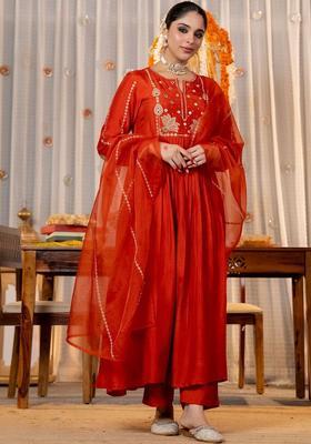 Orange Embroidered Silk Kurta Set