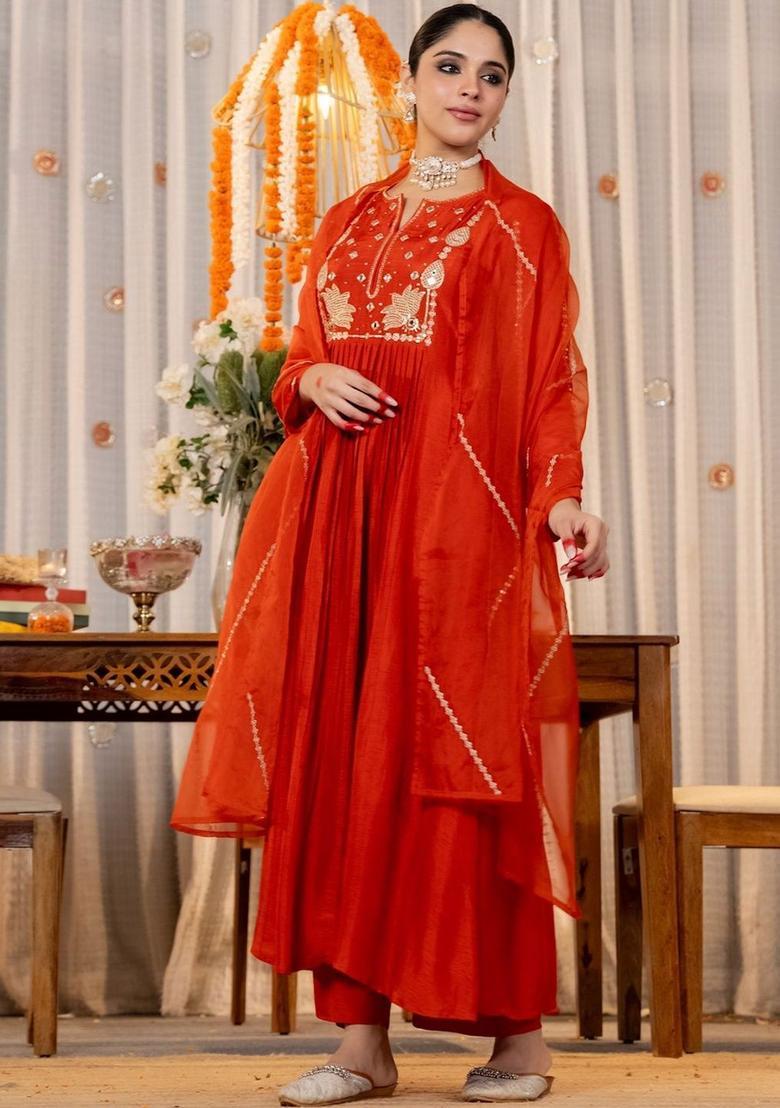 Orange Embroidered Silk Kurta Set - Indya