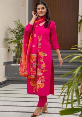 Pink Printed Silk Kurta Set