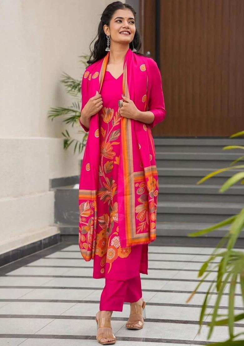 Pink Printed Silk Kurta Set - Indya