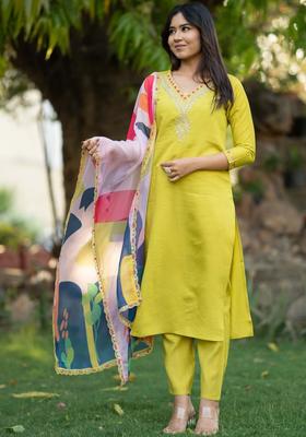 Lime Green Yoke Design Viscose Kurta Set